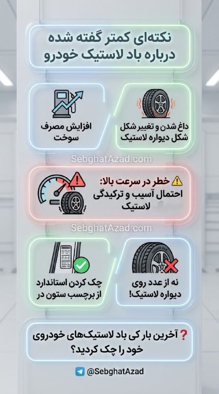 سبقت آزاد: 🚗 یک نکته کمتر گفتهشده درباره فشار باد لاستیک🔧 فشار باد کم فقط باعث افزایش مصرف سوخت نمیشود؛ بلکه باعث میشود دیواره ل