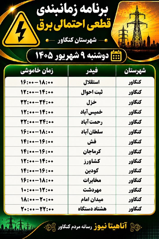 آناهیتا نیوز | Anahita News: #اطلاعیه برنامه زمانبندی قطعی احتمالی برق شهرستان کنگاوردوشنبه ۹ شهریور ۱۴۰۵آناهیتانیوز ؛ رسانه مردم کنگاور🆔 @anahitanew