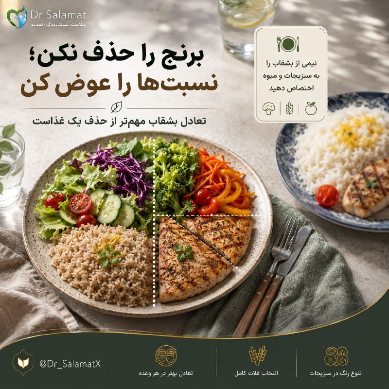 🍎 رسانه دکتر سلامت 🍏: 🍙برنجت را حذف نکن؛ بشقابت را متعادل کن🍽 برای داشتن یک ناهار متعادل لازم نیست یک ماده غذایی را به‌طور کامل «ممنوع» کنیم. 