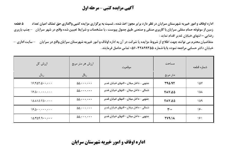 سرایان20: آگهی مزایده - ۴۸ ساعت باقیمانده تا پایان مهلت ثبت نام ، متقاضیان محترم جهت کسب اطلاعات بیشتر مراجعه فرمایند . اداره اوقا