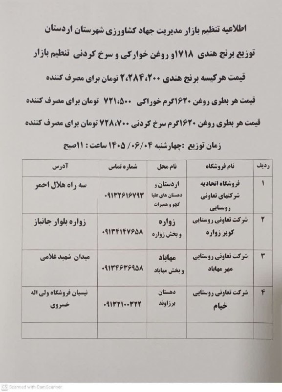کانال اخبار امیران: 🔺 اطلاعیه تنظیم بازار 🔹توزیع برنج هندی و روغن خوراکی و سرخ کردنی در شهرهای اردستان،زواره و مهاباد و دهستان برزاوندفردا چ