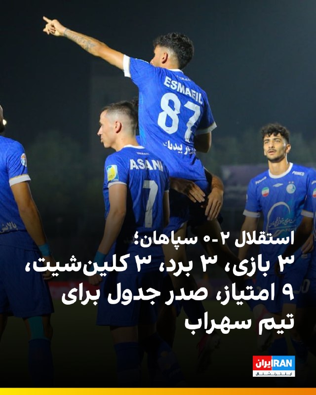 Iran International ایران اینترنشنال ✔: 🔻تیم فوتبال استقلال در هفته سوم لیگ برتر ایران، سپاهان را با نتیجه دو بر صفر شکست داد و با ۹ امتیاز در صدر جدول قرار گرف