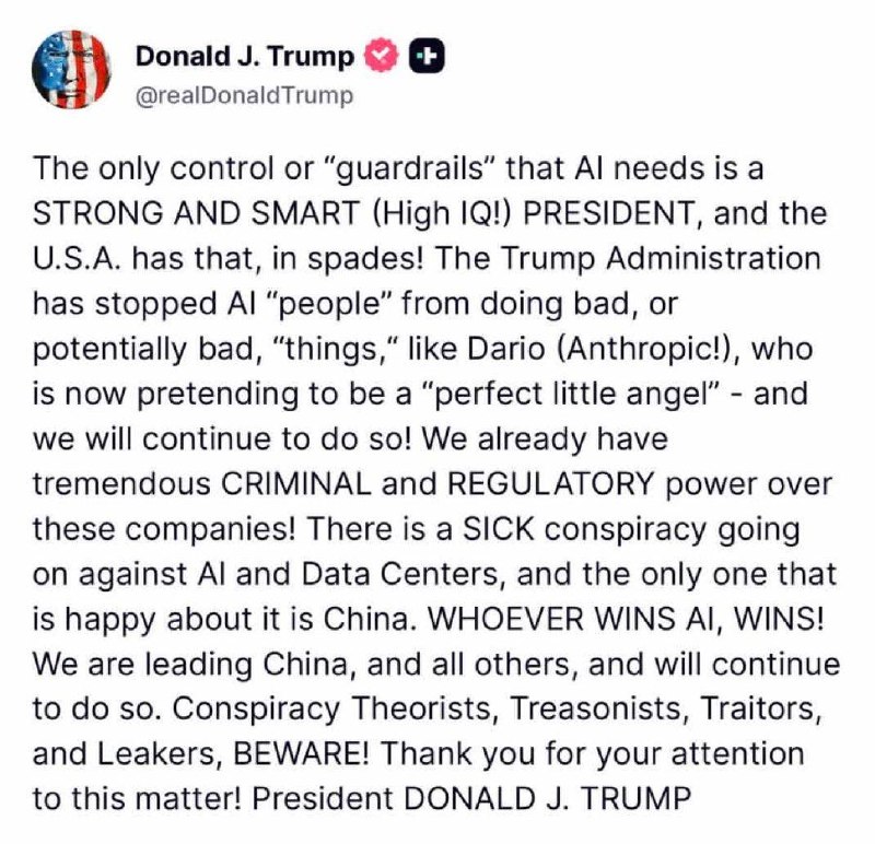 Flash: Trump blasts 'sick conspiracy' against AI, slams Anthropic CEO, says Dario is pretending to be a 'perfect little angel'