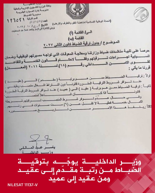وزير الداخلية يوجّه بترقية الضباط من رتبة مقدّم إلى عقيد ومن عقيد إلى عميد بعد إكمال المدد القانونية دون…