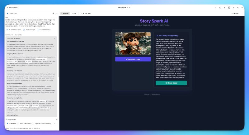 AI Studio 的应用构建功能迎来了大幅升级，好用多了内置了所有的谷歌 AI 模型，构建应用的时候就可以直接选择模型，然后填写提示词，应用就会自动调用模型完全不需要输入 API Key 之类的东西，相当简单我搞了一个上传图片后理解图片内容编写文本故事然后生成语音的网页调用了 LLM、图像理解和 TTS 模型#ai创造营#