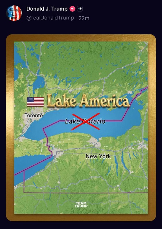 اخبار فوری گِرونی: 🔸ترامپ در تروث سوشال با انتشار تصویری از دریاچه اُنتاریو (مشترک بین دو کشور) واقع در مرز کانادا و ایالات متحده رو آن را 