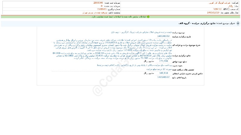 کدال۳۶۰: #ولکار#افشای_اطلاعات_بااهمیت - (نتایج برگزاری مزایده - گروه الف) منتهی به سال مالی 1405/12/29 شرکت #لیزینگ_کار_آفرین1405