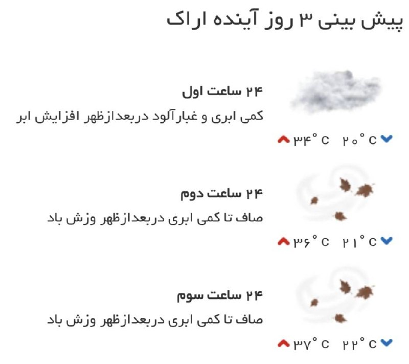 اخبار مرکزی: ♦️ پیشبینی وضع آب و هوای سه روز آینده مرکز استان🔹 ۲۴ ساعت اول (۱۴۰۵/۰۵/۳۱)🔹 ۲۴ ساعت دوم (۱۴۰۵/۰۶/۰۱)🔹 ۲۴ ساعت سوم (۱۴۰
