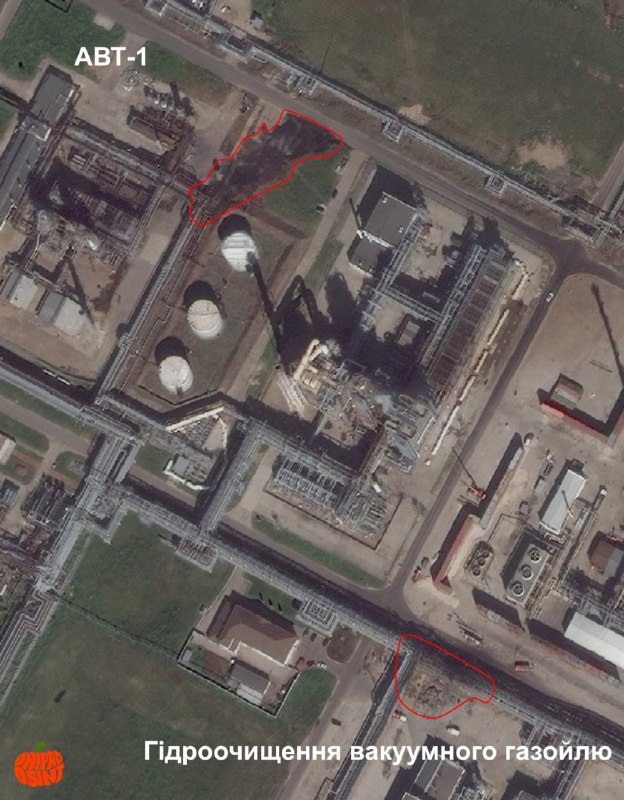 DniproOsint satellite analysis shows at least four major burn sites at LUKOIL's Kstovo refinery following the August 26 drone attack.