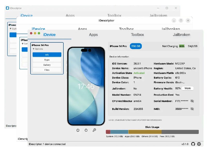 #iOS 😞 iDescriptor，跨平台的 iOS 设备管理工具一款免费、开源、跨平台的 iPhone/iPad 设备管理工具，支持文件管理、导入相册、虚拟定位、AirPlay 投屏、数据线真伪识别等功能，适用于 Windows、Linux 和 macOS 系统