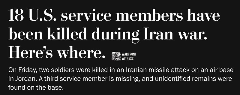 ️🇺🇸🇮🇷 WSJ: לפחות 18 אנשי שירות אמריקאים נהרגו בתמיכת פעולות ארה"ב במהלך המלחמה עם איראן מאז החל הסכסוך…