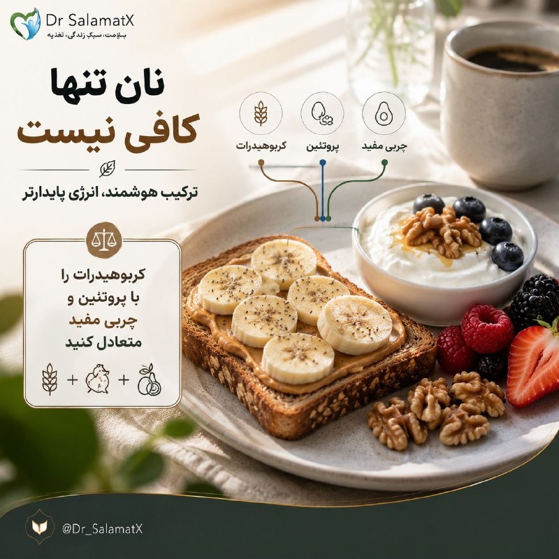 🍎 رسانه دکتر سلامت 🍏: 😍 نان تست را تنها نخور؛ یک همراه هوشمند به آن اضافه کن🟢 یک برش نان بهتنهایی بیشتر یک منبع کربوهیدرات است؛ اما وقتی کنار