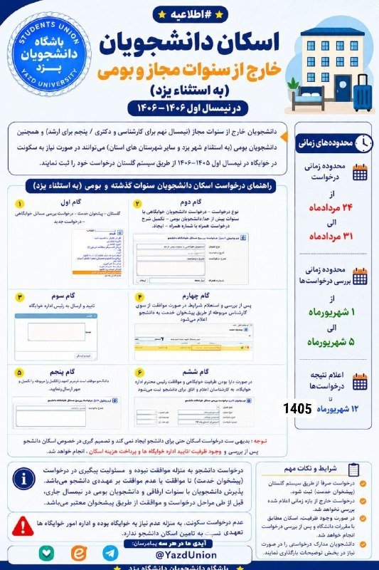 انجمن علمی مهندسی مواد و متالورژی دانشگاه یزد: #اطلاعیه اسکان دانشجویان خارج از سنوات مجاز و بومی (به‌استثنای یزد)📌 دانشجویان مشمول می‌توانند درخواست اسکان خود را در ن