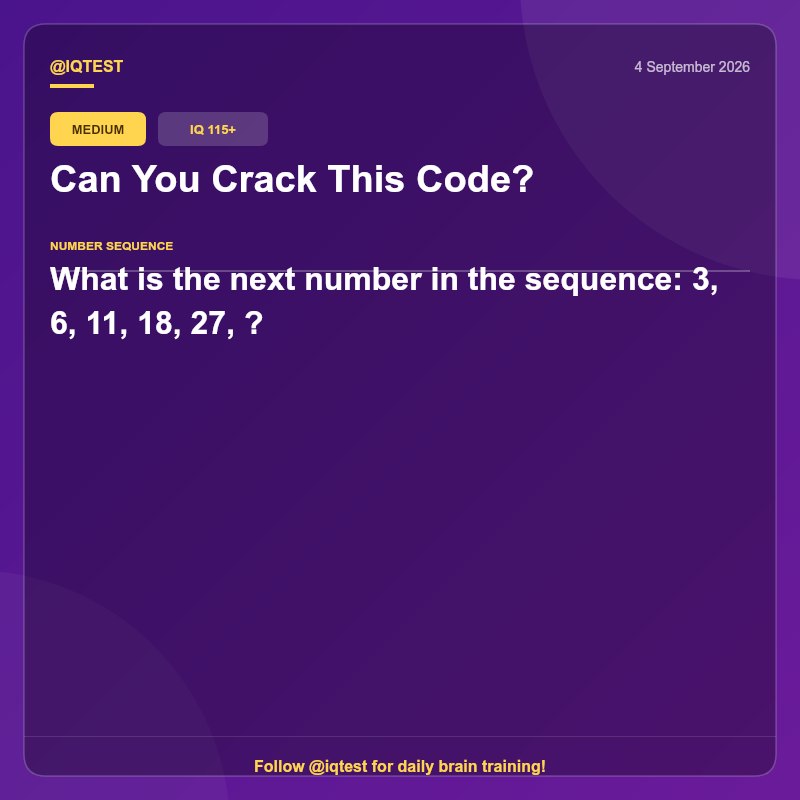 IQ Test: Can You Crack This Code?What is the next number in the sequence: 3, 6, 11, 18, 27, ?