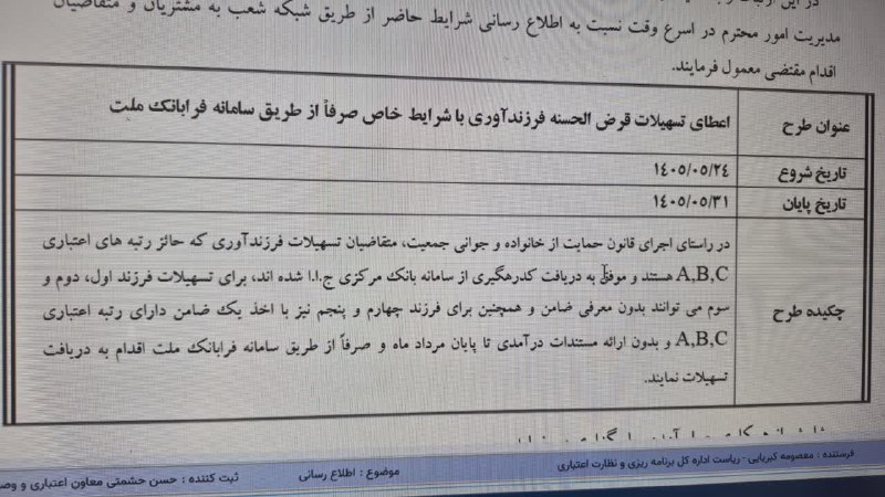 نهبندان کهن: 📢 اطلاعیه مهم تسهیلات بانک🔹 دریافت تسهیلات قرض الحسنه فرزند آوری با شرایط خاص بدون ضامن از طریق فرابانک ملت، به‌صورت غیر