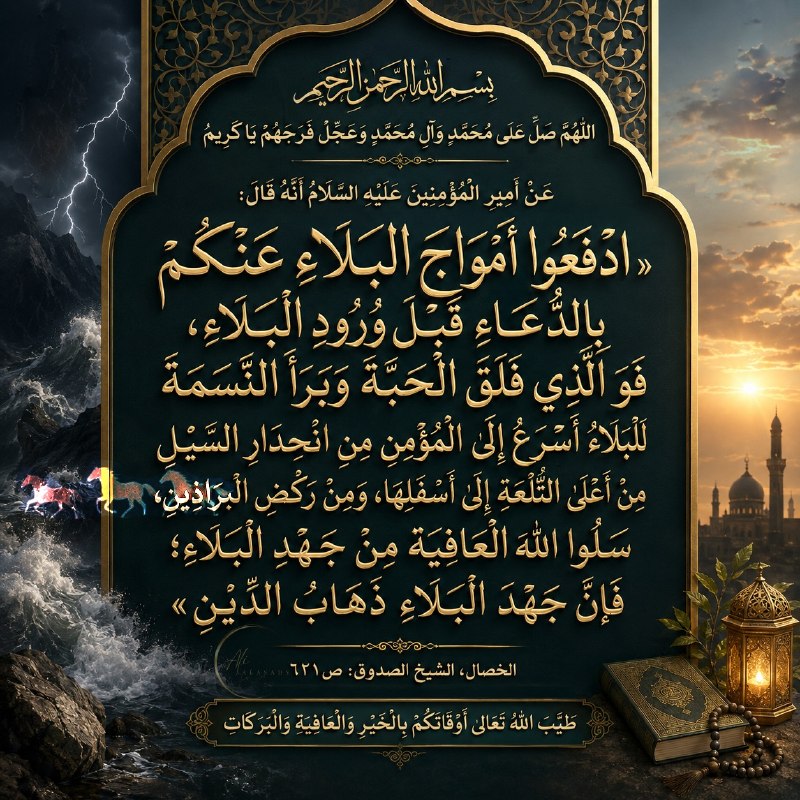 الباقيات الصالحات: ﷽عَنْ أَمِير الْمُؤْمِنِين عَلَيْهِ السَّلاَمُ أَنَّهُ قَالَ:«ادْفَعُوا أَمْوَاجَ الْبَلَاءِ عَنْكُمْ بِالدُّعَاءِ قَبْل