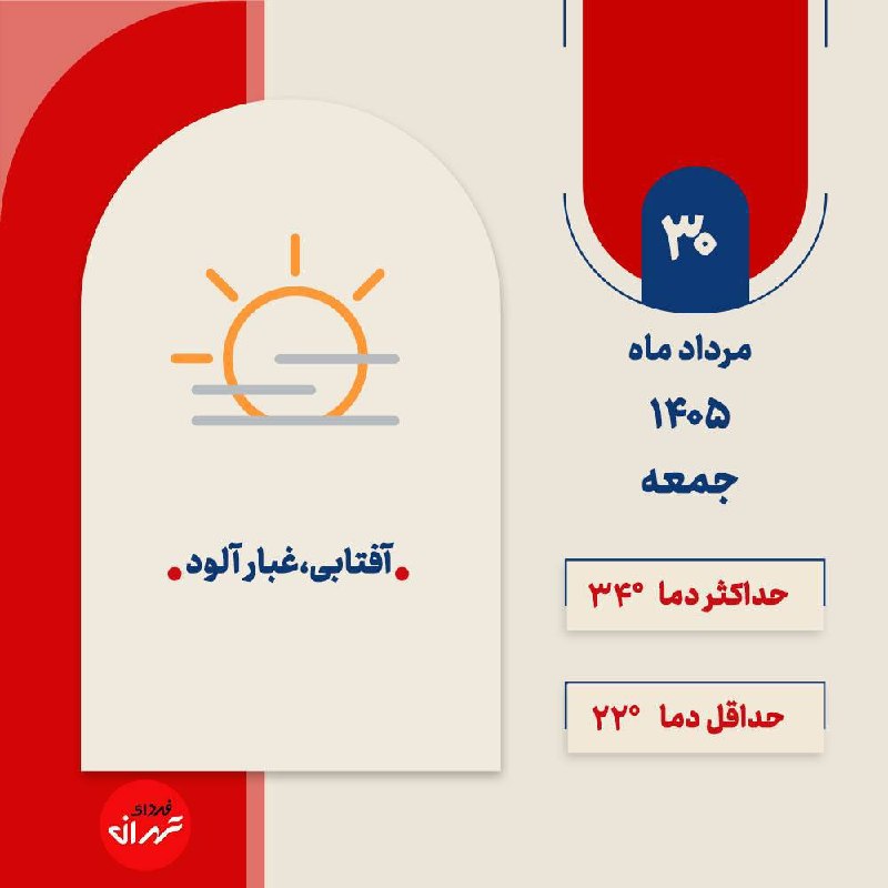 فردای تهران: ‼️وضعیت آب و هوای فردای تهران؛ آفتابی، غبار آلود 🔸فردا جمعه، ۳۰ مرداد ماه ۱۴۰۵، هوای پایتخت آفتابی، غبار آلود خواهد بود.