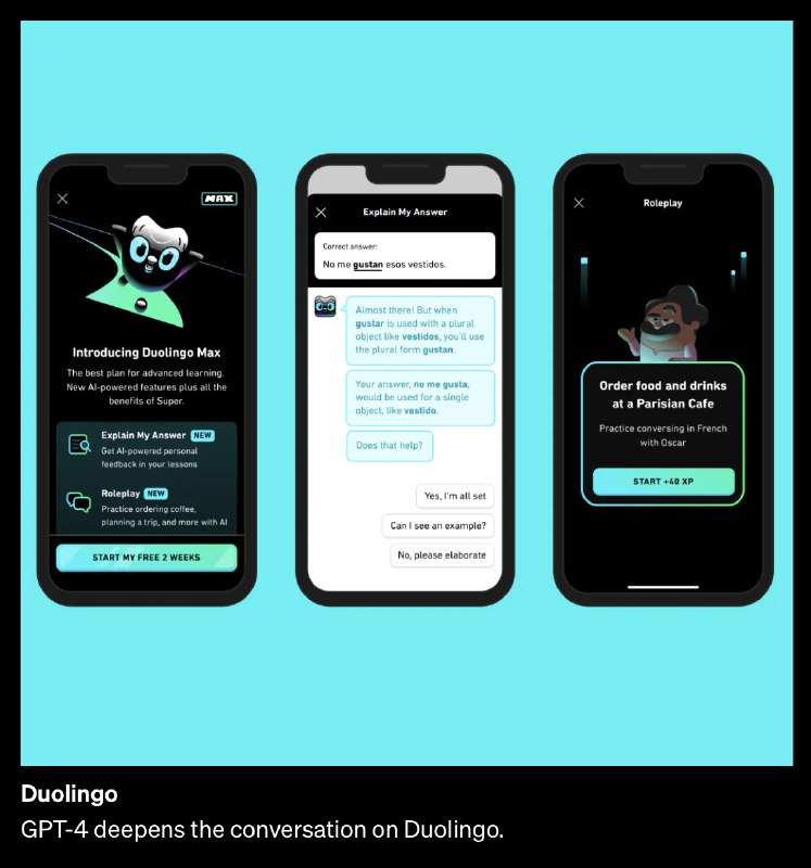 GPT-4 来了！OpenAI 还给出个 6个使用 GPT-4 的案例（翻译由ChatGPT完成，我有微弱修订），分别是：1、Duolingo | GPT-4改进了Duolingo上的对话