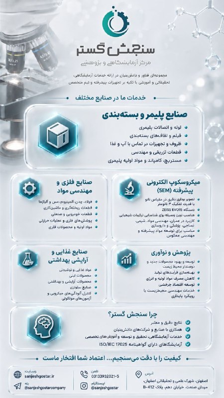 دانشگاه صنعتی اصفهان: #اطلاع_رسانیسنجش گستر صنعت سپاهانهمراه مطمئن صنایع در آزمون، تحلیل و توسعه محصولات🔹 خدمات تخصصی:✅ آزمون میکروسکوپ الکترو