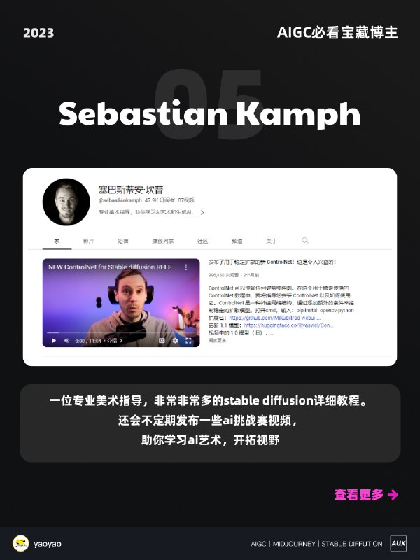 🌟AIGC关注列表里的宝藏博主推荐给大家～🧚🏻‍♀️本期全部都是【AIGC绘画】领域必须知道的大神，人均百万关注，真的必须要关注啦！1️⃣ Aitrepreneur✨强烈推荐的up主！！🏢制作了有关很多AI相关的教程视频，教程内容非常详细🆕尤其是Stable Diffsuion的教学，非常适合刚入门的小白学习2️⃣ Olivio Sarikas👨🏻‍🏫一位来自奥地利维也纳的专业设计师，他的视频涵盖 MJ、SD、InvokeAI 等最新技术的 AI 艺术教程，带你体验AI世界，看AI如何改变艺术现状3️⃣ CHILDISH YT🏫Stable Diffusion的超多模型使用和安装教程，对已经有基础或刚入门的，小伙伴们都很有帮助～4️⃣ AI News👩🏻‍🏫频道有很多不同AI的历史发展讲述，还会不定期推荐人工智能、机器学习、深度学习、脑机接口、机器人技术和其他未来技术的最新资讯5️⃣ Sebastian Kamph🌞一位专业美术指导，非常非常多的Stable Diffusion详细教程