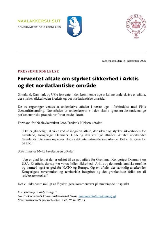 🇺🇸🇩🇰🇬🇱 - גרינלנד, דנמרק וארה"ב צפויות לחתום בשבוע הבא על הסכם לחיזוק שיתוף הפעולה הביטחוני באזור הארקטי ובצפון האוקיינוס האטלנטי.