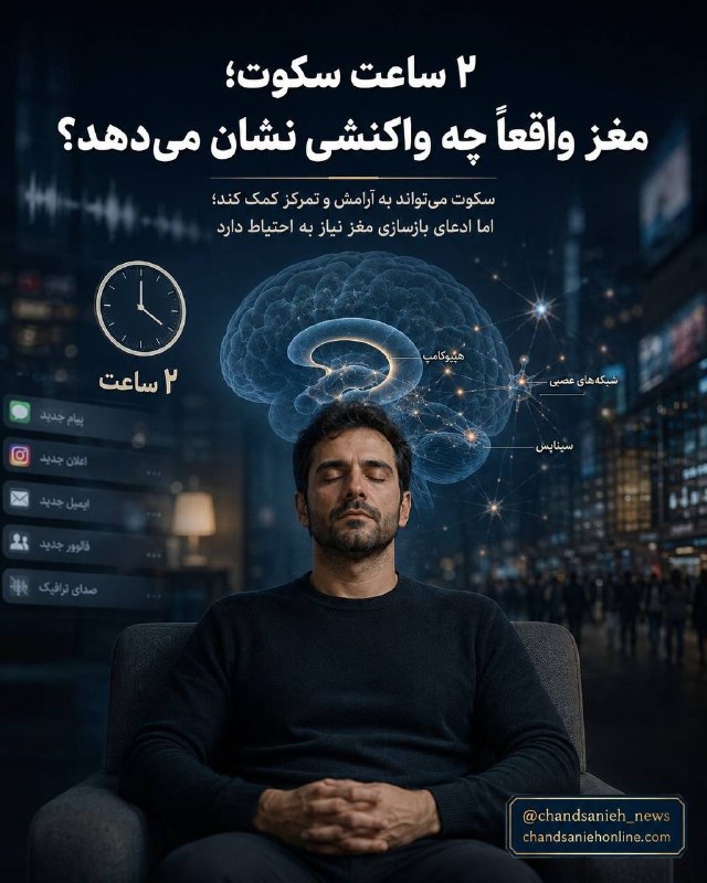 مدارا: ۲ ساعت سکوت در روز؛ واقعاً مغز را بازسازی می‌کند؟✍️سارا ترابیگروه دانش و سلامت چندثانیه آنلاین🔹سکوت و کاهش محرک‌های صوتی