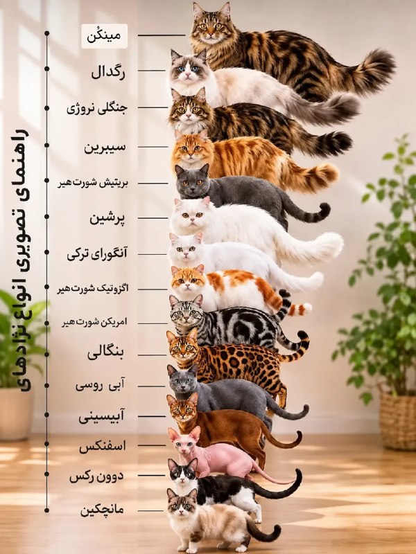 اطلاعات عمومی ❀: وقتی صحبت از گربه میشه، شاید تصور کنید یک یا سه نژاد مختلف هستند خیلیا یه موجود ۱ تا ۳ کیلوگرمی میاد جلو چشمشون! اما دنی