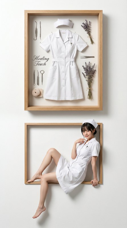 受神佬启发，来一套新玩法：简单玩法就是替换最后一句话，可控性很高另外有三种玩法需替换一些词：✅ 玩法 1：纯文字生成（Text-to-Image）✅ 玩法 2：有服装图，生成模特上身效果（Image-to-Image + ControlNet）✅ 玩法 3：有人物图，生成展示背景（Face Swap / IP-Adapter）提示词如下：Prompt:A vertical split-screen creative product photography composition on a clean white wall background. High-resolution, photorealistic, commercial advertisement quality.Top Section: The Specimen BoxThe upper half features an exquisite light oak wooden shadow box frame mounted on the wall. Inside, a specific outfit is displayed as an artistic flat-lay museum specimen: [Insert Clothing Details Here, e.g., a sleek black satin slip dress with delicate lace trim and thin spaghetti straps]. The garments are neatly pinned in place. Surrounding them are small thematic decorative props: [Insert Props, e.g., dried roses, vintage perfume bottles, silk ribbon]. Elegant calligraphy on the matte paper backdrop reads: [Insert Text, e.g., 