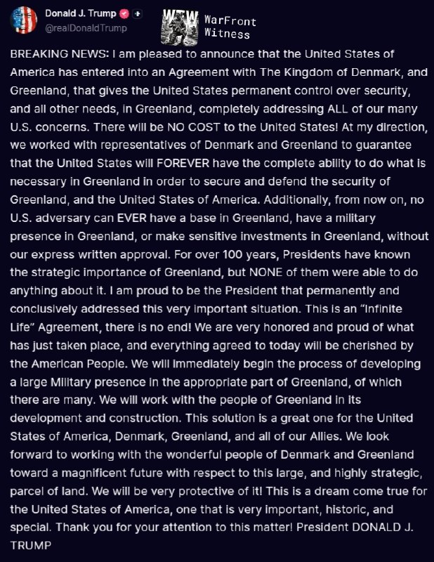 ️🇺🇸🇩🇰 US President Trump announced that the US has signed an agreement with Denmark and Greenland that grants permanent US control over security and matters related to Greenland.