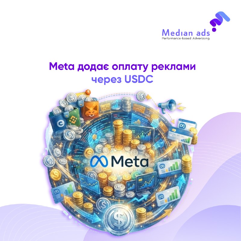 💳 Meta офіційно запустила можливість оплачувати рекламу стейблкоїном USDC.💸 Працює це через сторонні криптогаманці, які підтримують USDC, зокрема MetaMask, Coinbase, Binance та інші.🔎 Як це працює:• рекламодавець оплачує рекламу в USDC;• платіжний партнер 