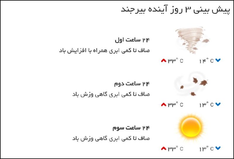 اخبار خراسان جنوبی: ♦️پیشبینی وضع آب و هوای سه روز آینده مرکز استان🔹۲۴ ساعت اول (۱۴۰۵/۰۶/۲۵)🔹۲۴ ساعت دوم (۱۴۰۵/۰۶/۲۶)🔹۲۴ ساعت سوم (۱۴۰۵/۰۶