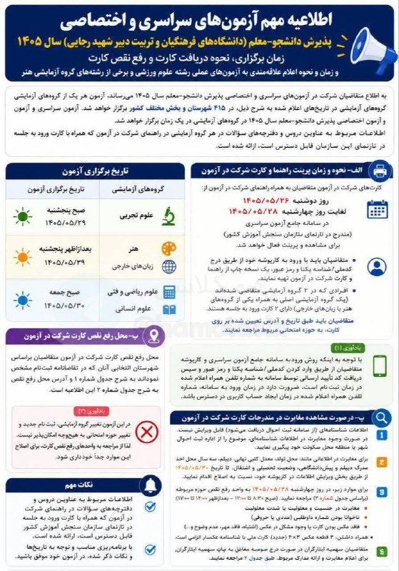 ریاضی با طعم کنکور: 🔴 اطلاعیه مهم آزمون های سراسری و اختصاصی کنکور ۱۴۰۵✅ کارت ورود به جلسه از دوشنبه ۲۶ مرداد تا چهارشنبه ۲۸ مرداد از سایت س