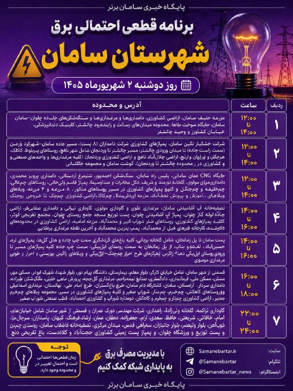 پایگاه خبری سامانِ برتر | سامان نیوز: 🔺اعلام ساعات خاموشی احتمالی برق در شهرستان سامان در روز دوشنبه ۲ شهریورماه ۱۴۰۵📡 سامانِبرتر، اولین و بزرگترین رسانه خبر