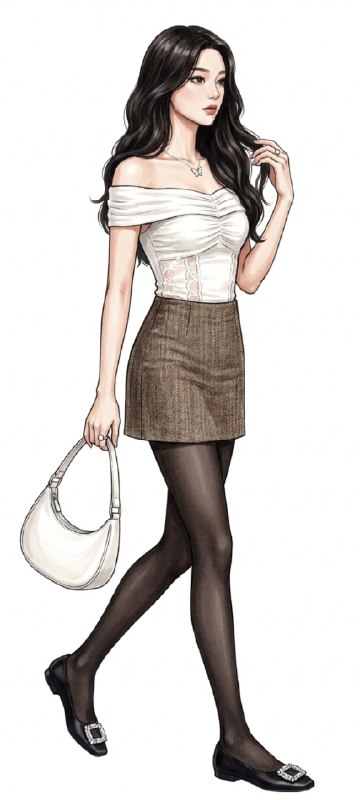 用nano banana打开今日黑丝穿搭 服装：纯白一字带蕾丝拼接上衣搭配棕色小短裙鞋袜：80D黑丝搭配rv方扣平底鞋配饰：银白蝴蝶项链点缀包包：白色小皮包@aigc1024用nano banana打开今日黑丝穿搭 服装：纯白一字带蕾丝拼接上衣搭配棕色小短裙鞋袜：80D黑丝搭配rv方扣平底鞋配饰：银白蝴蝶项链点缀包包：白色小皮包@aigc1024