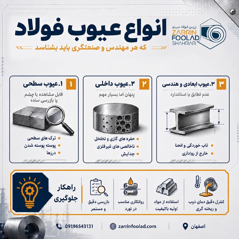 زرین فولاد شهریاری: 🚨 انواع عیوب فولاد که باید بشناسید!کیفیت متریال، تضمین‌کننده امنیت و طول عمر پروژه‌های شماست. اما فولاد در مراحل تولید م