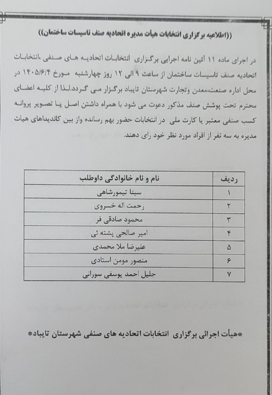 صدای تایباد: 📣 اطلاعیه🔸 قابل توجه متصدیان محترم اتحادیه تاسیسات ساختمان شهرستان تایباددر اجرای ماده ۱۱ آیین‌نامه اجرایی برگزاری انتخا