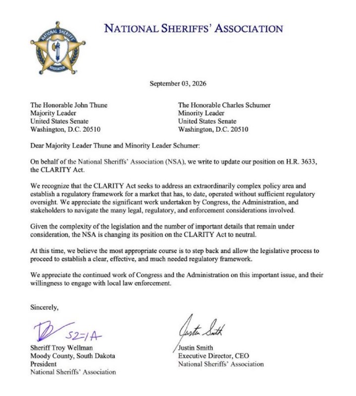 The Crypto Ledger: JUST IN: 🇺🇸 The National Sheriffs’ Association, a major U.S. law enforcement body, has shifted its stance on The Clarity