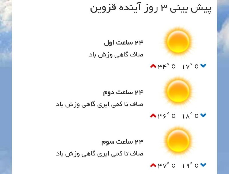 اخبار قزوین: ♦️پیشبینی وضع آب و هوای سه روز آینده مرکز استان🔹۲۴ ساعت اول (۱۴۰۵/۰۶/۰۱)🔹۲۴ ساعت دوم (۱۴۰۵/۰۶/۰۲)🔹۲۴ ساعت سوم (۱۴۰۵/۰۶