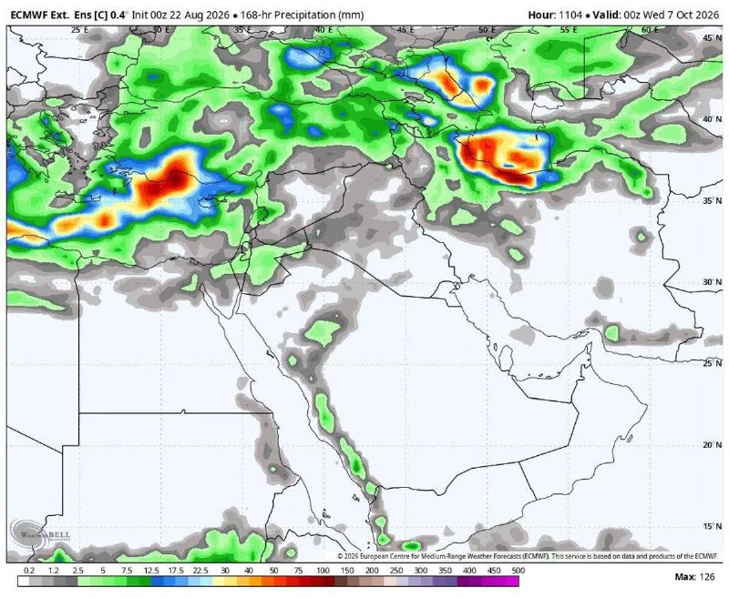 آب و هوای مشهد: 🔸️پیشبینی بارش پاییزه🔹️مدل بلند مدت ECMWF🔹️اولین نشانه از سامانهای شبیه به سامانه های پاییزی در آپدیت دیشب مدل بلند مدت