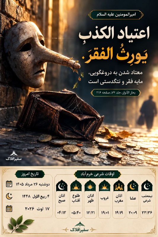 پایگاه خبری سفیرافلاک: 🌿 تقویم، حدیث و اوقات شرعی امیرالمومنین (ع): اعتیاد به دروغگوئی، باعث فقر و تنگدستی است ✊🏻🪖اخبارفوری‌جنگ‌‌با‌آمریکا👇🎒htt