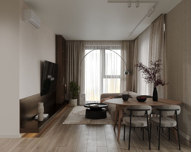 Дизайн проект квартиры 92,8 кв.м Сдержанная современная кухня гостиная 26,1 кв.м спокойная нейтральная палитра, тёплая атмосфера и продуманное зони... - изображение 1 - проект, telegram, view