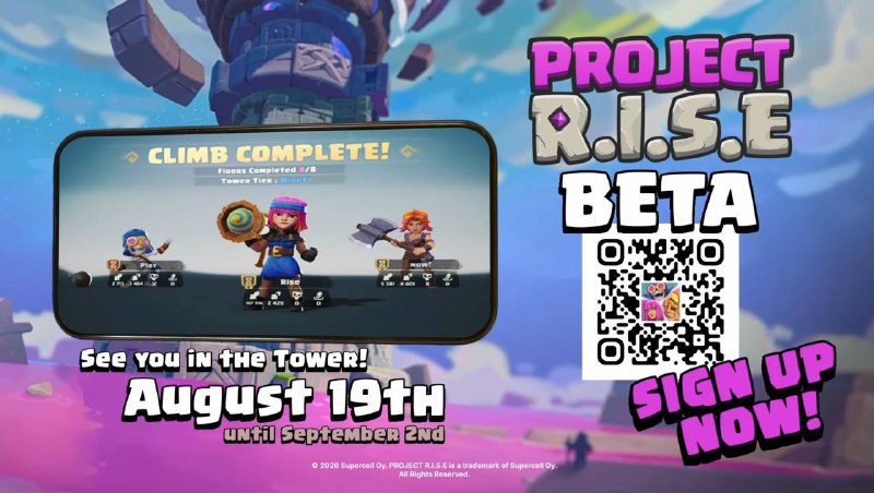 کلش اف کلنز Clash of clans: 🎮 بتاتست Project RISEتوسعه‌دهندگان Project RISE اعلام کردند که بتاتست بازی از ۱۹ اوت تا ۲ سپتامبر برگزار می‌شود.یک گیم‌پ