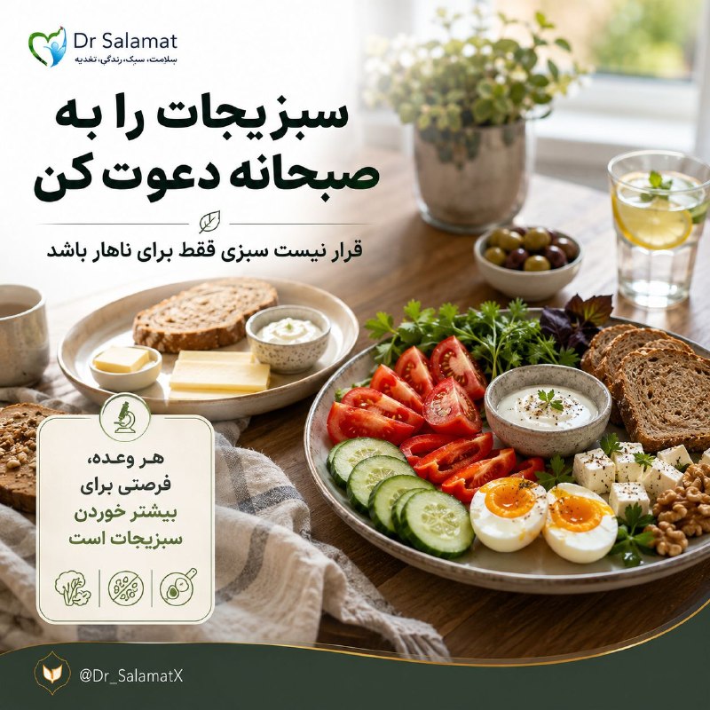 زیبایی و سلامتی: 🥗 صبحانه را فقط با نان و پنیر تمام نکن؛ سبزیجات را هم واردش کن✅ سبزیجات لازم نیست فقط برای ناهار و شام باشند. اضافه کردن