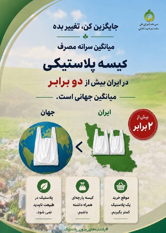 وبدا؛ رسانه سلامت وزارت بهداشت: 🔵جایگزین کن، تغییر بده🔴میانگین سرانه مصرف کیسه پلاستیکی در ایران بیش از دو برابر میانگین جهانی است.📱 @webda#تیم_ملی_سلام