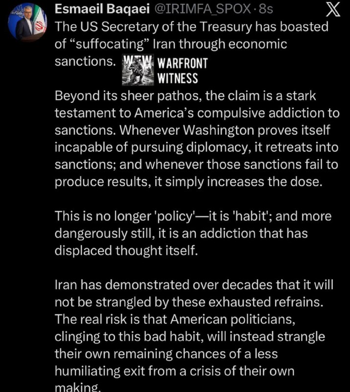 ️🇮🇷🇺🇸 ספוקס FM איראני באגאי האשים את וושינגטון ב"מכורה" לסנקציות לאחר ששר האוצר האמריקני אמר שארה"ב "חו…