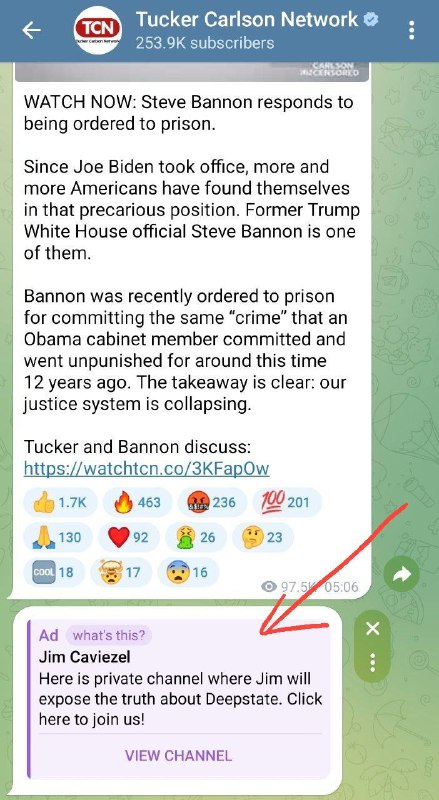 💳 $1426 monthly from Telegram Ads: Tucker Carlson is likely earningToday, let’s explore how Tucker Carlson could potentially earn from Telegram Ads.1. In May, Tucker Carlson published 9 posts, receiving a total of 3,779,852 views. The minimum price in Telegram ads is 0.1 TON per 1,000 views.3,779,852 views / 1,000 * 0.1 TON = 378 TON2. Telegram shares 50% of the revenue with channel owners.378 TON / 2 = 189 TON3. The current exchange rate of TON is $7.55.189 TON * $7.55 = $1,426Tucker Carlson could potentially earn from Telegram ads $1,426🤨.It's important to note that Telegram Ads work on an auction basis, with 0.1 TON per 1,000 views being the minimum price. The competition for ads on Tucker Carlson's channel is higher, so he likely earns more.———⭐ Grab my guide💬 Get my consultation