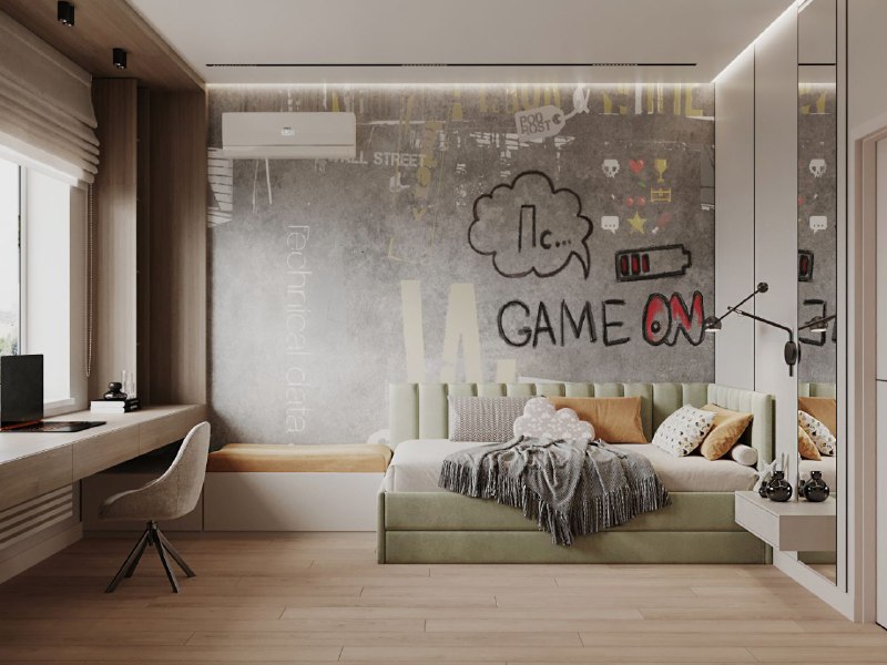 Две детские 14,9 и 14, 1 кв.м комнаты и кабинет 14,3 кв.м из проекта домвсочи 1 - лаконичная и уютная мягкий мятный диван кровать и тёплая деревянн... - изображение 1 - кабинет, планировка, telegram