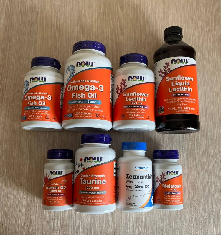 Omega 3, Sunflower Lecithin, D3, Taurine, Zeaxanthin+Lutein, Melatonin, Magnesium, Calcium-Magnesium