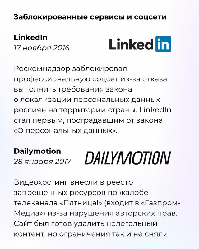 Кладбище российского интернетаМы составили хронологию цензуры, как мы теряли доступ к привычным соцсетям, мессенджерам и независимым медиа. В карточках заблокированные сервисы и соцсети. Сайты изданий блокировались на протяжении всего 2022 года.  Роскомнад