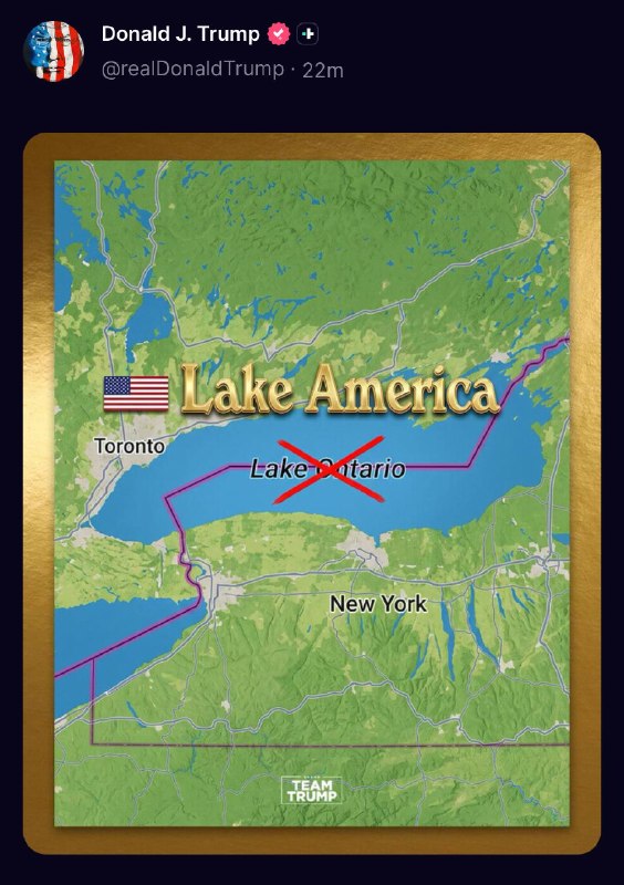 توئیتر داغ خبری (اخبار جنگ ایران وآمریکا ): 〰️🇺🇸🏞🇨🇦 پرزیدنت ترامپ در تروث سوشال با انتشار تصویری از دریاچه اُنتاریو (مشترک بین دو کشور) واقع در مرز کانادا و ایالات